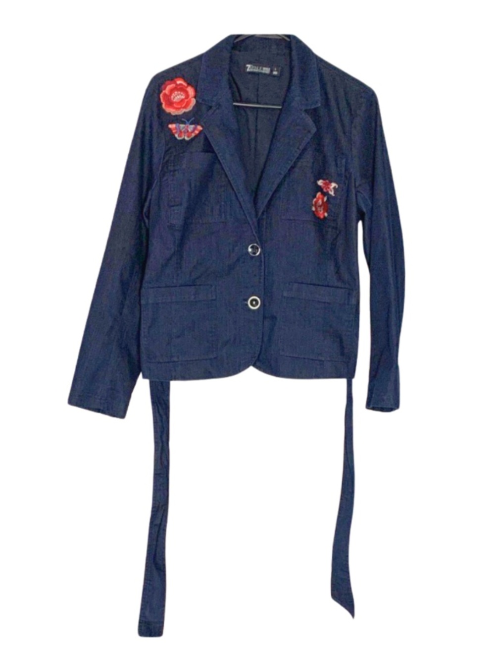 Dark Wash Embroidered Denim Blazer with Belt Women's L Boho Chic Casual